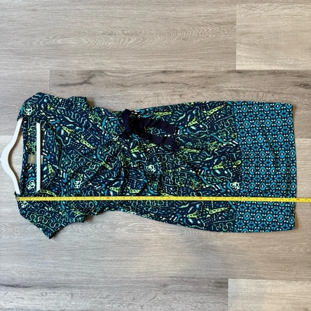 Taylor Blue and Black Ruched Wrap Midi Dress